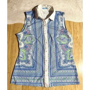 J McLaughlin Catalina Top, Collar, Sleeveless Button Down‎ Paisley Blue Size M